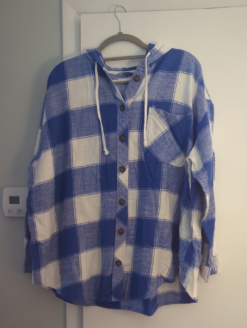 Maurices Blue and White Plaid Hooded Shirt